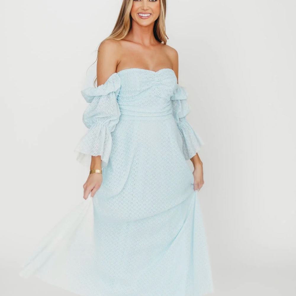Strapless Puff-Sleeve Maxi Dress in Light Blue